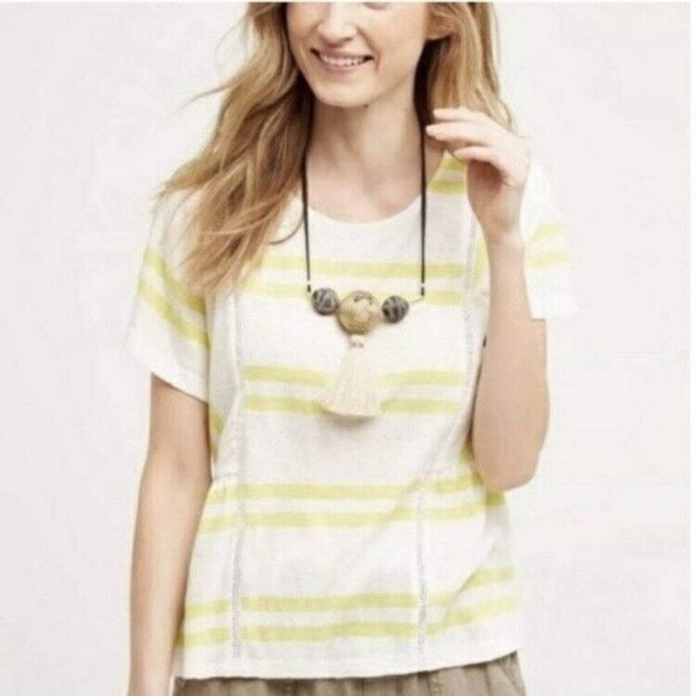 Anthropologie Top Small Postmark Yellow White Stripe Linen Cotton Snap Back